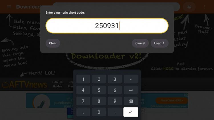 εισαγωγή του κωδικού 250931 στο Downloader