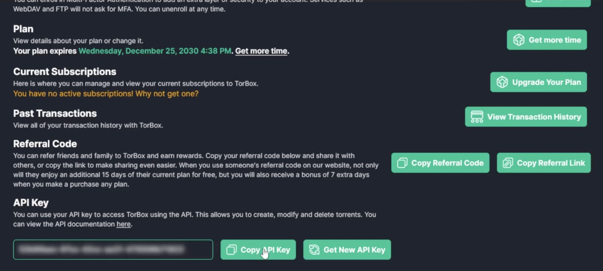 αντιγραφή του API key από τον πίνακα του TorBox