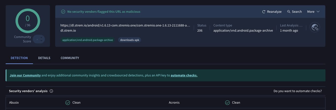 σάρωση του Stremio με το VirusTotal