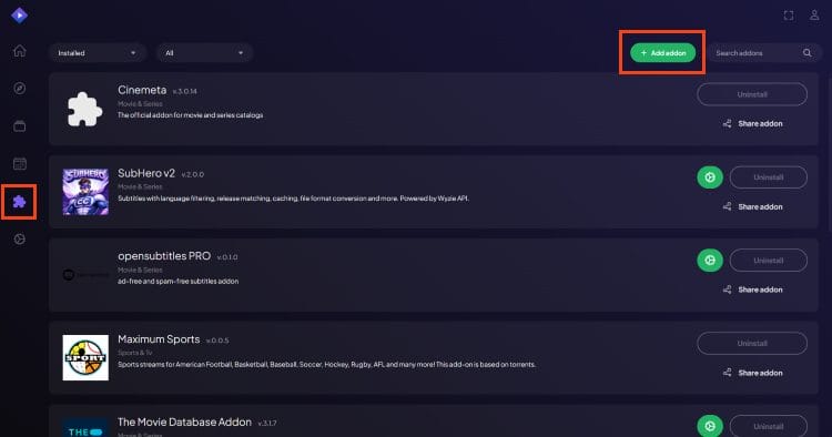 Επιλογή Addons και Add Addon στην εφαρμογή Stremio