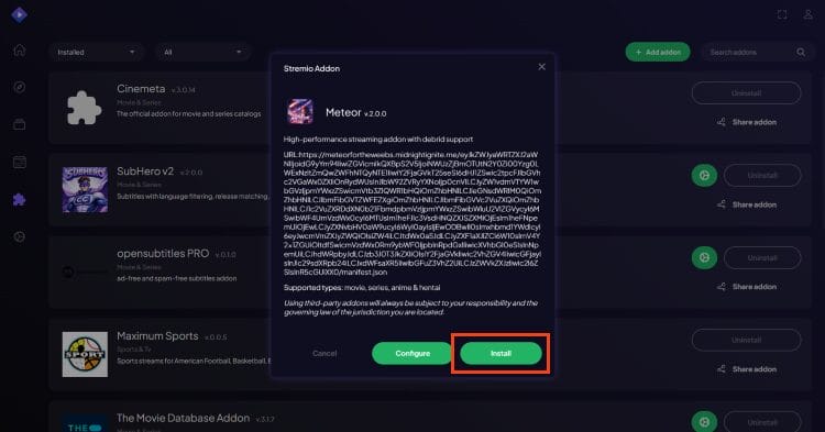 Επιλογή Install για το πρόσθετο του Stremio