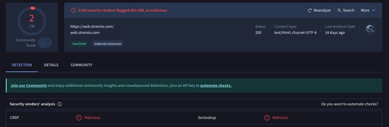 Σάρωση του VirusTotal για ένα πρόσθετο του Stremio