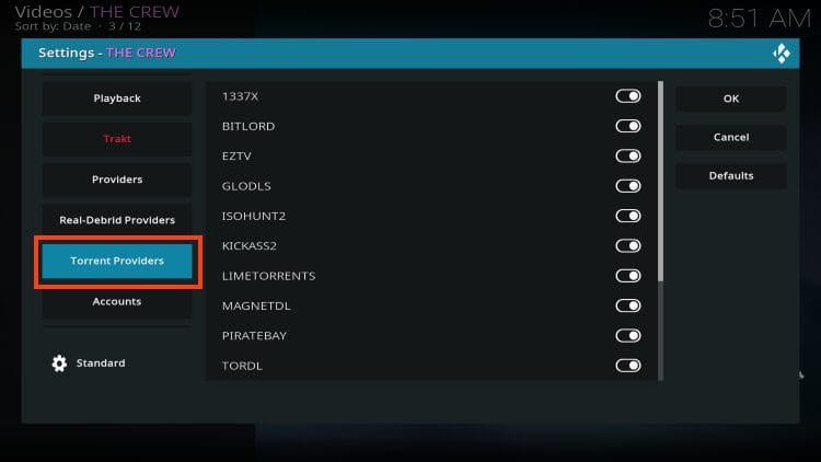 ρυθμίσεις torrent providers στο The Crew Kodi Addon