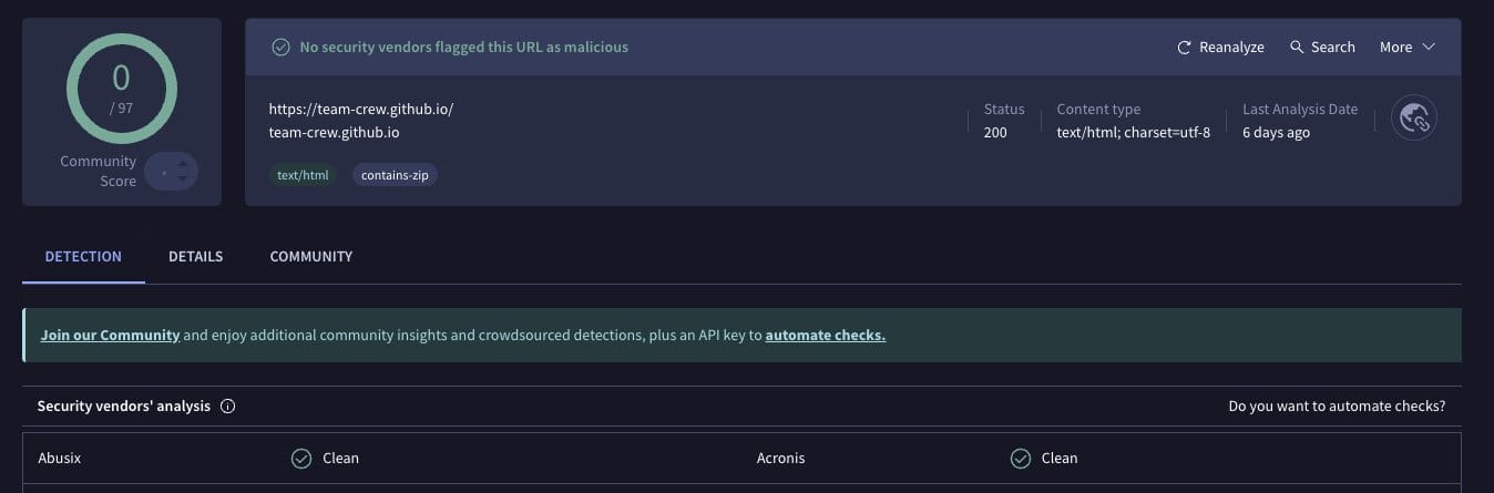 σάρωση του πρόσθετου The Crew με το VirusTotal