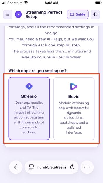 Επιλογή Stremio ή Nuvio στον οδηγό ρύθμισης