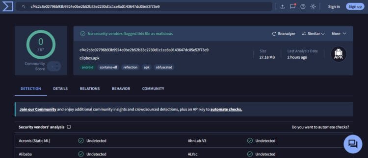 Σάρωση ασφαλείας του αρχείου ClipBox APK στο VirusTotal
