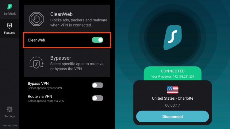 Λειτουργία CleanWeb του Surfshark VPN για αποκλεισμό διαφημίσεων στο Firestick
