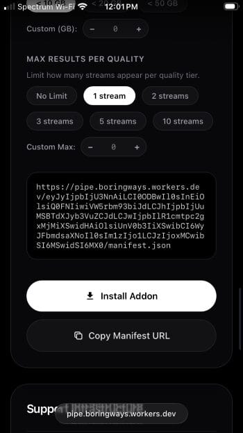 Αντιγραφή του manifest URL του πρόσθετου Pipe στο Stremio