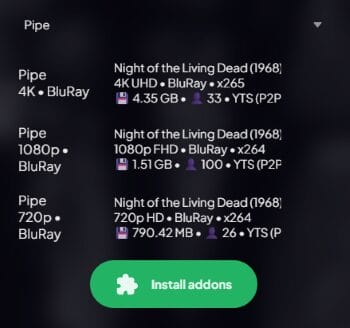 Σύνδεσμοι που επέστρεψε το πρόσθετο Pipe στο Stremio