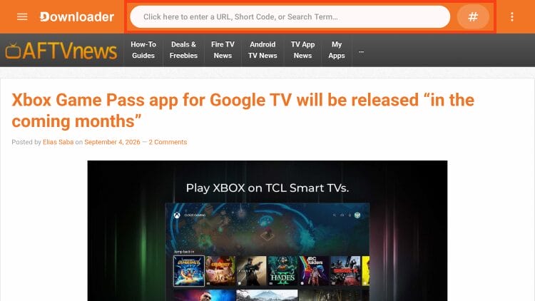 άνοιγμα της γραμμής URL στο μενού του Downloader