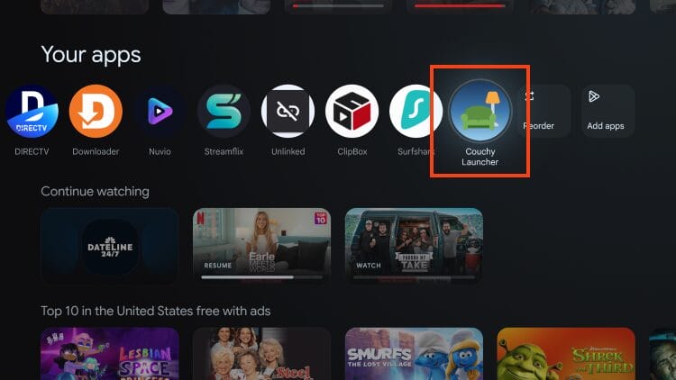 άνοιγμα του Couchy Launcher από τη λίστα εφαρμογών