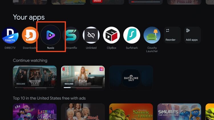 Εκκίνηση της εφαρμογής Nuvio στη συσκευή streaming