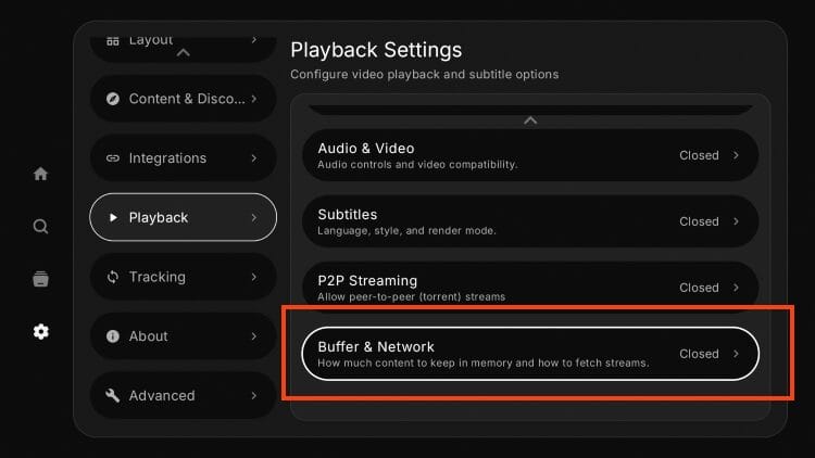 Επιλογή Playback και Buffer & Network στο Nuvio