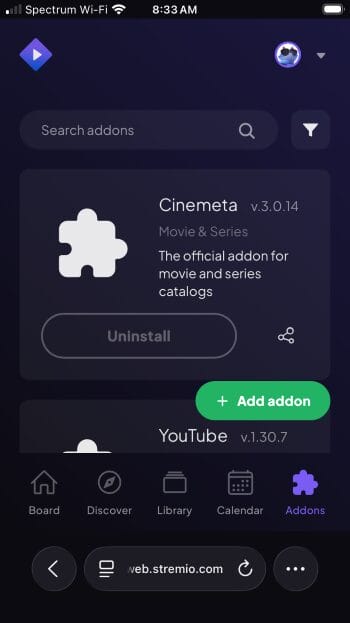Επιλογή Add addon στο Stremio για το Peerflix