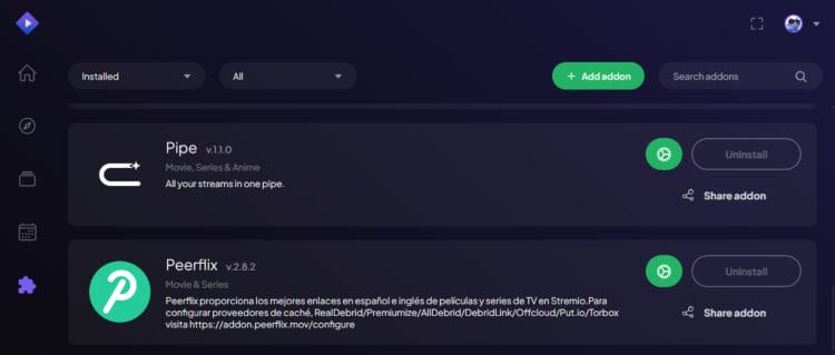 Το Peerflix στη λίστα των εγκατεστημένων πρόσθετων του Stremio