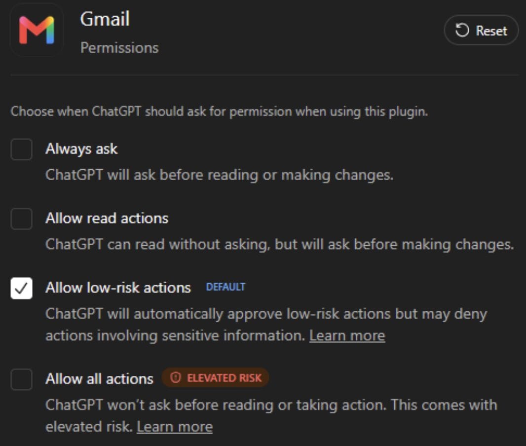 Προεπιλεγμένες ρυθμίσεις Gmail μέσα στο ChatGPT