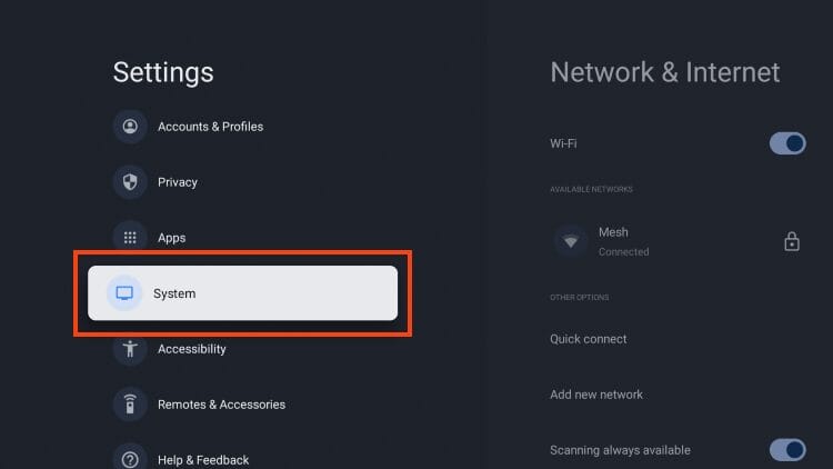 επιλογή Συστήματος στις ρυθμίσεις του Android TV