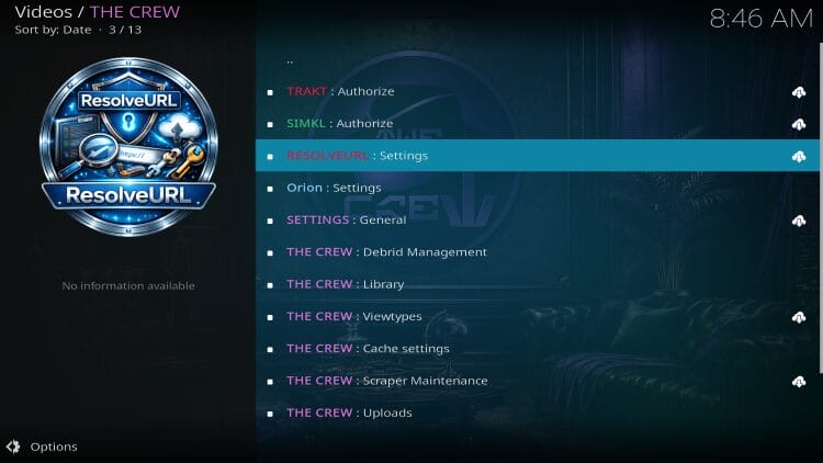 επιλογή των ρυθμίσεων ResolveURL στο The Crew