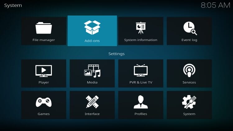 Άνοιγμα των πρόσθετων για εγκατάσταση Kodi build