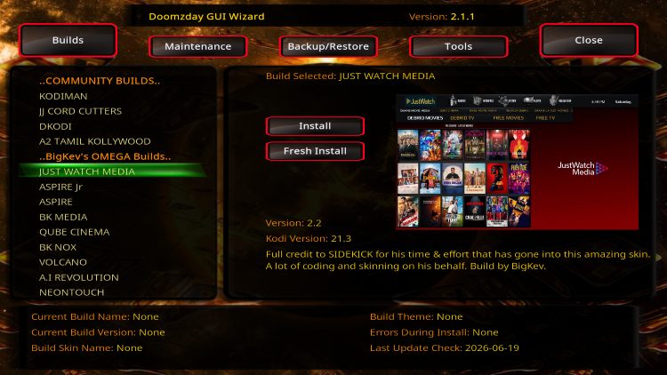 Επιλογή του Kodi build
