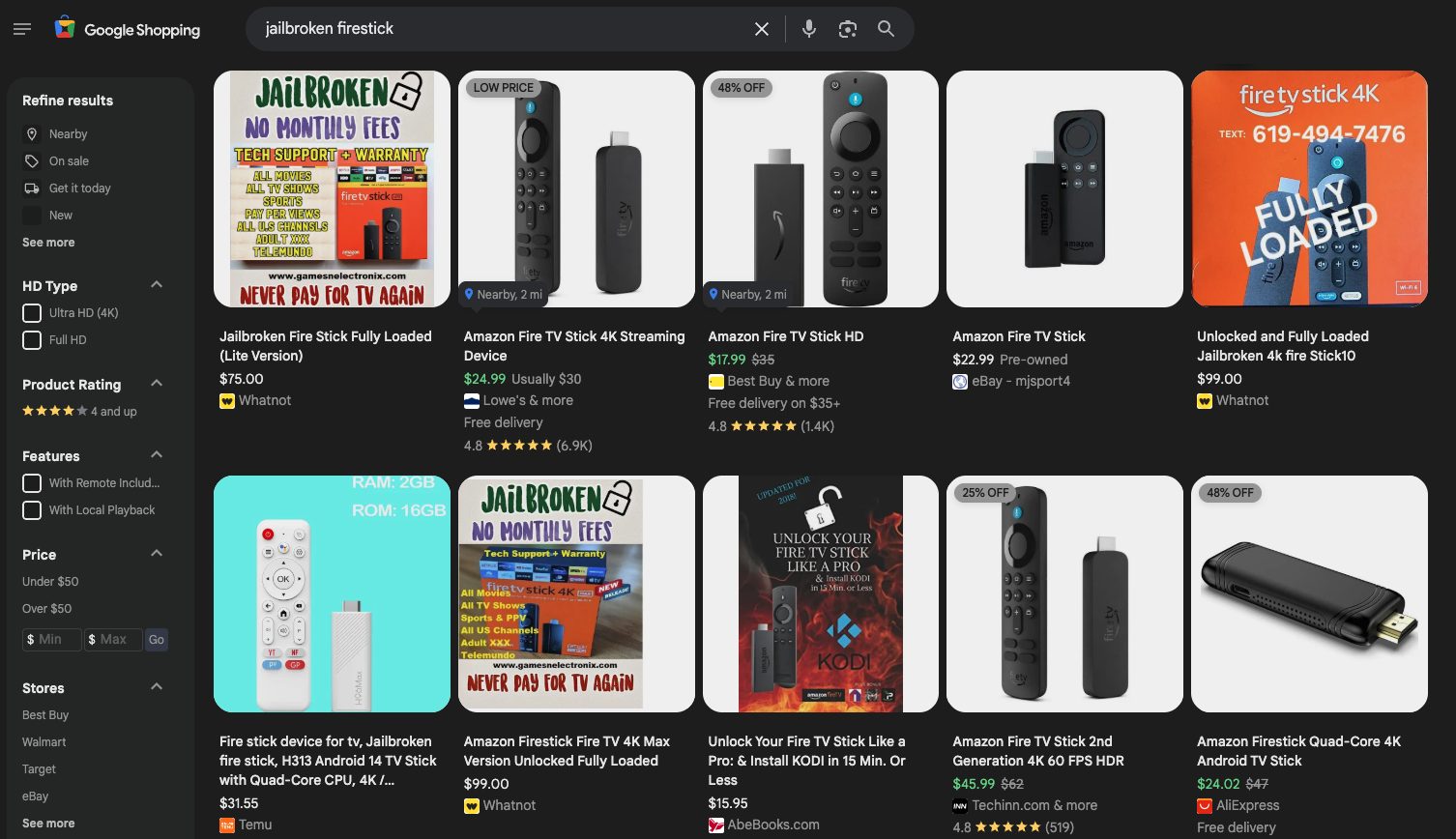 Αποτελέσματα στο Google Shopping για jailbroken Firestick
