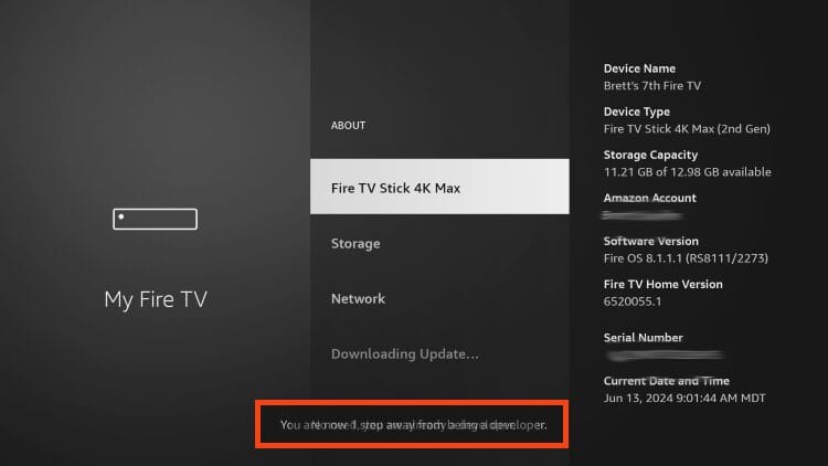 Πάτημα 7 φορές στο όνομα της συσκευής για jailbreak στο Firestick