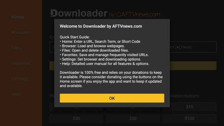 Μήνυμα καλωσορίσματος του Downloader με κουμπί OK