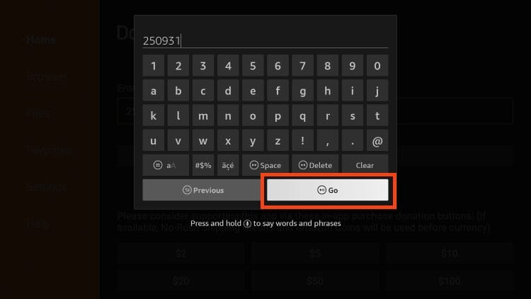 Πληκτρολόγηση του κωδικού 250931 για jailbreak στο Firestick