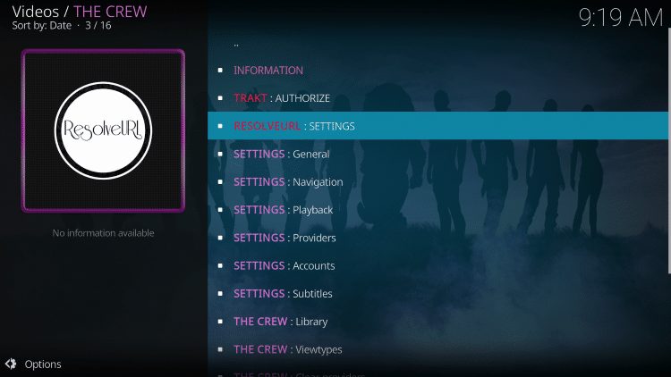 Επιλογή ResolveURL Settings στο Kodi