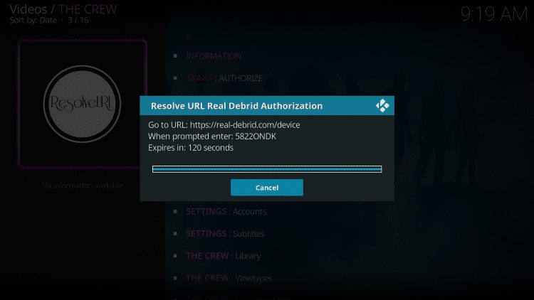 Οθόνη Kodi με τον κωδικό ενεργοποίησης του Real-Debrid