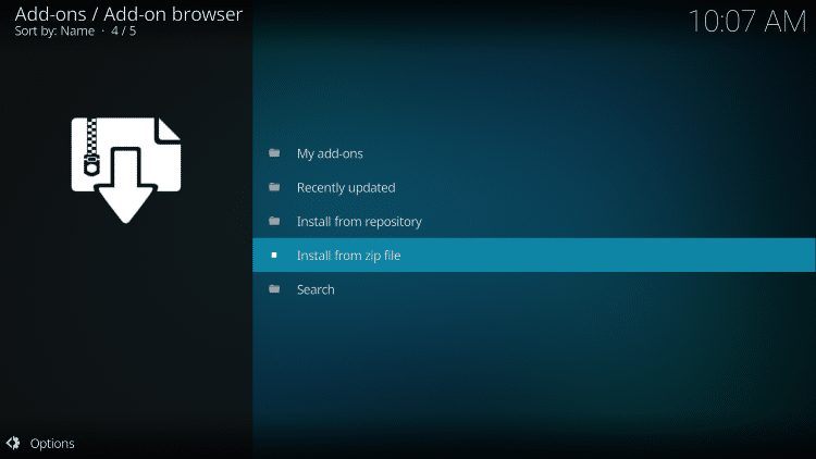Επιλογή Install from zip file στο Kodi