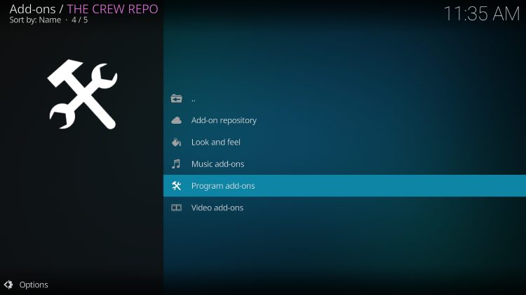 Επιλογή Program add-ons για να σταματήσει το buffering στο Kodi