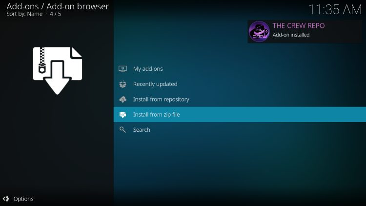 Μήνυμα ολοκλήρωσης εγκατάστασης του The Crew Repo στο Kodi