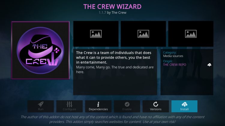 Επιλογή Install για το The Crew Wizard για να σταματήσει το buffering