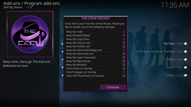 Επιλογή Continue στο παράθυρο του The Crew Wizard