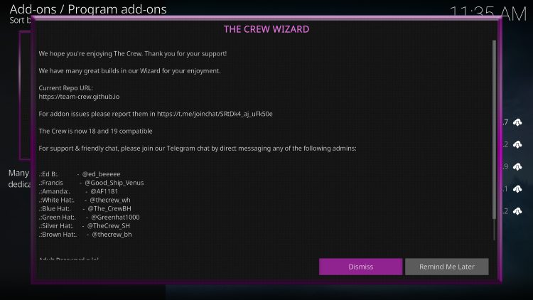 Επιλογή Dismiss μετά την εγκατάσταση του The Crew Wizard