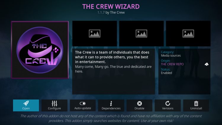 Επιλογή Open για το The Crew Wizard στο Kodi