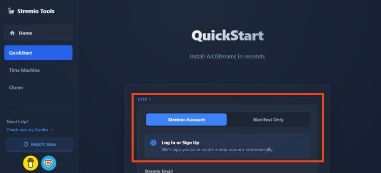 Επιλογή μεθόδου σύνδεσης Stremio Account ή Manifest URL