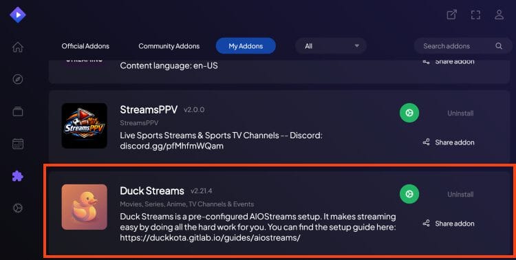 Επαλήθευση ότι το Duck Streams εμφανίζεται στη λίστα πρόσθετων του Stremio