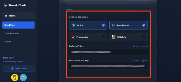 Επιλογή υπηρεσιών Debrid και εισαγωγή των API Keys