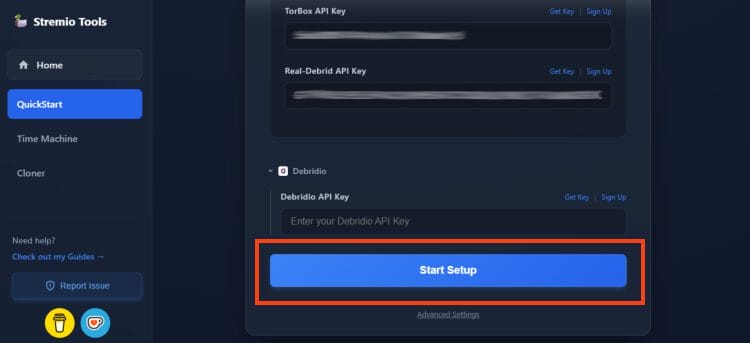 Κύλιση προς τα κάτω και κλικ στο Start Setup για τη ρύθμιση του Duck Streams