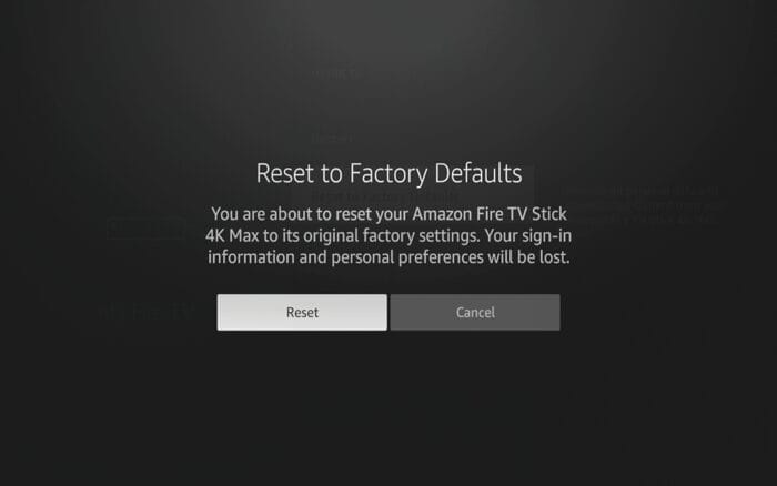 Πάτημα του Reset στην οθόνη επιβεβαίωσης εργοστασιακών ρυθμίσεων