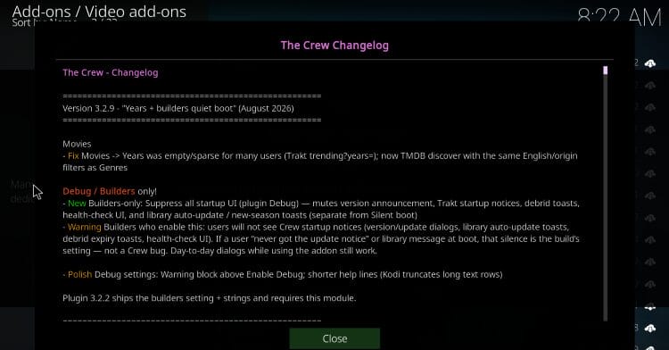 η τελευταία έκδοση V3.2.9 του The Crew για Kodi