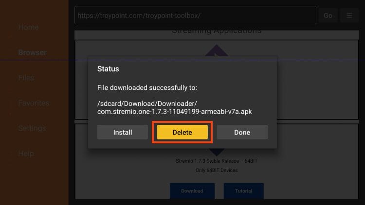Επιλογή Delete για το αρχείο εγκατάστασης