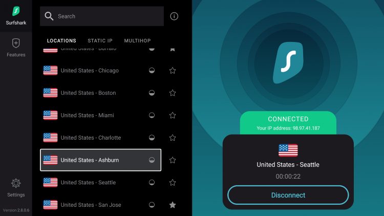 Λίστα servers του Surfshark μέσα στην εφαρμογή για Kodi