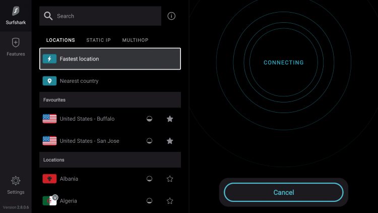 Γρήγορη σύνδεση Quick-Connect στο Surfshark για Kodi