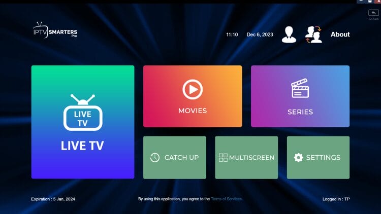 Αρχική οθόνη της εφαρμογής IPTV Smarters Pro
